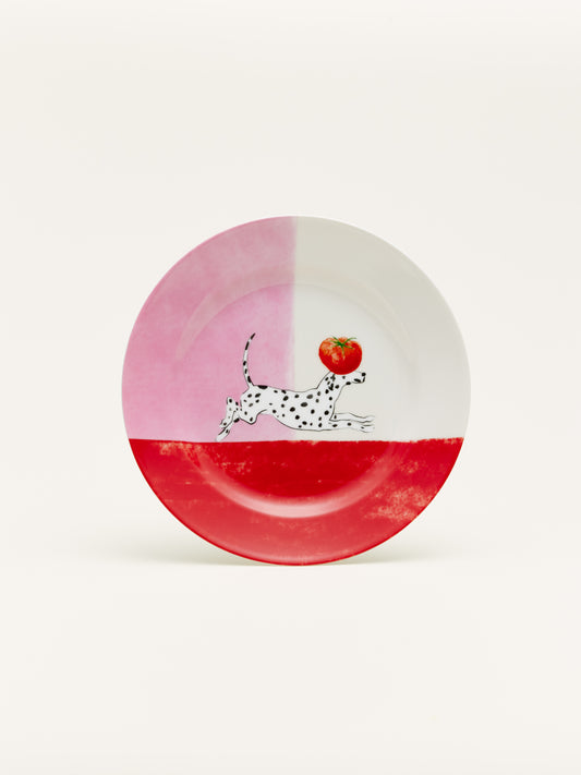 Ceramic plate by Bonana Casa, frontal view featuring a Dalmatian dog and tomato illustration on our fine porcelain dinnerware