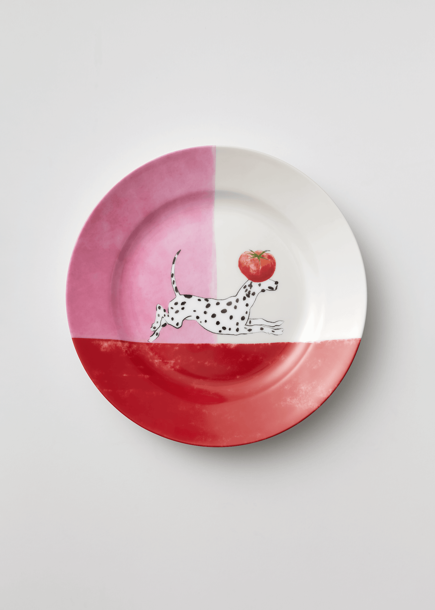 Ceramic plate by Bonana Casa, frontal view featuring a Dalmatian dog and tomato illustration on our fine porcelain dinnerware